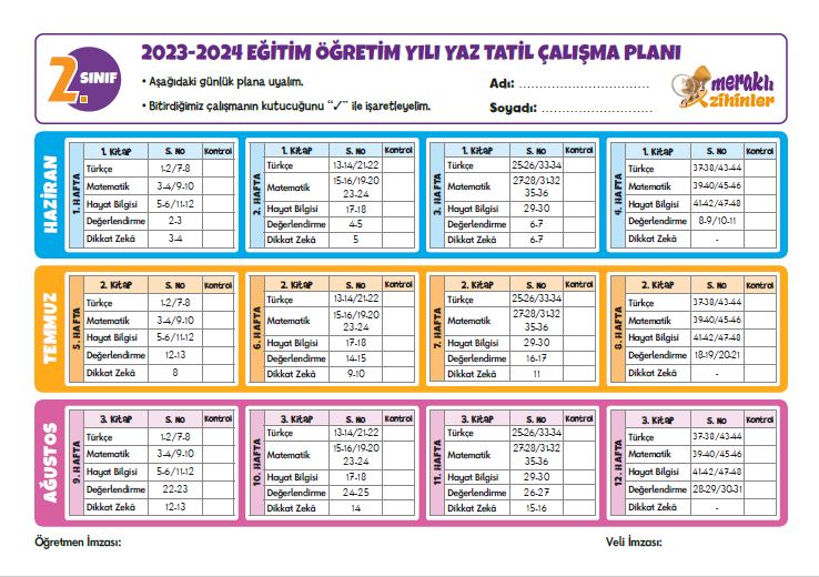 2. SINIF YAZ TATİLİ 12 HAFTALIK ÇALIŞMA PLANI