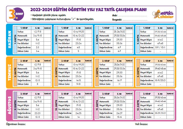 3. SINIF YAZ TATİLİ 12 HAFTALIK ÇALIŞMA PLANI