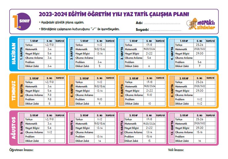 1. SINIF YAZ TATİLİ 12 HAFTALIK ÇALIŞMA PLANI